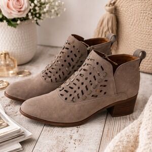 Franco Sarto Rory Taupe Suede Perforated Ankle Booties Block Heel Womens 7